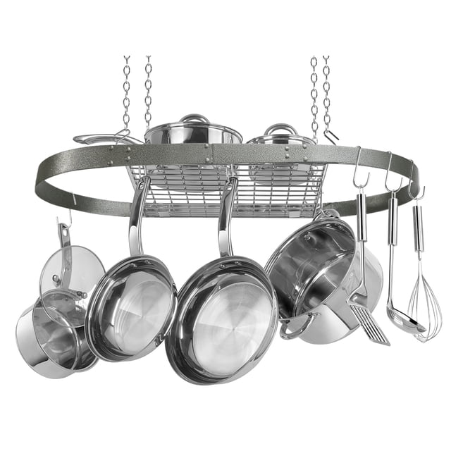 Range Kleen CW6016 Hammered Grey Enameled Oval Hanging Pot Rack with a hammered grey enameled oval frame suspended by four chains, featuring a grid shelf holding two lidded pots and multiple stainless steel pots, pans, and utensils hanging from repositionable hooks for efficient kitchen organization.