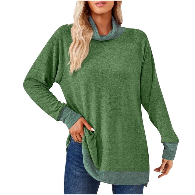 Timegard Tops for Women High Neck Long Sleeve Side Split Color Block Tshirts Fall Casual Loose Tops