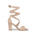 thumbnail image 3 of BLISSFUL STEP Women's Sandals Solid Color Mid Block Heels Lace up Sandals Nude 8, 3 of 7