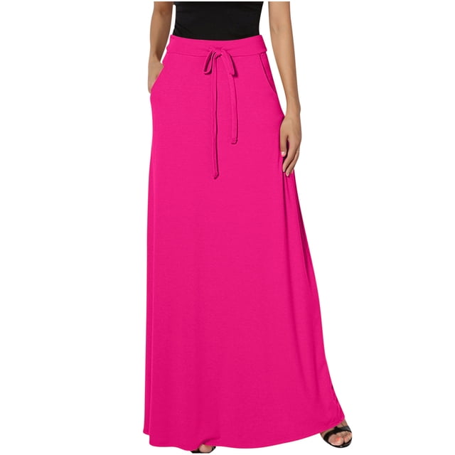FAIWAD Women's Elastic High Waisted Maxi Skirt Drawstring Loose Casual Basic A-Line Skirts with Pockets