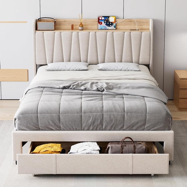 GloryStar Upholstered Bed Frame with Storage Headboard,Platform Bed Frame with Storage Drawers, Charging Station,Noise-Free, No Box Spring Needed, Easy Assembly