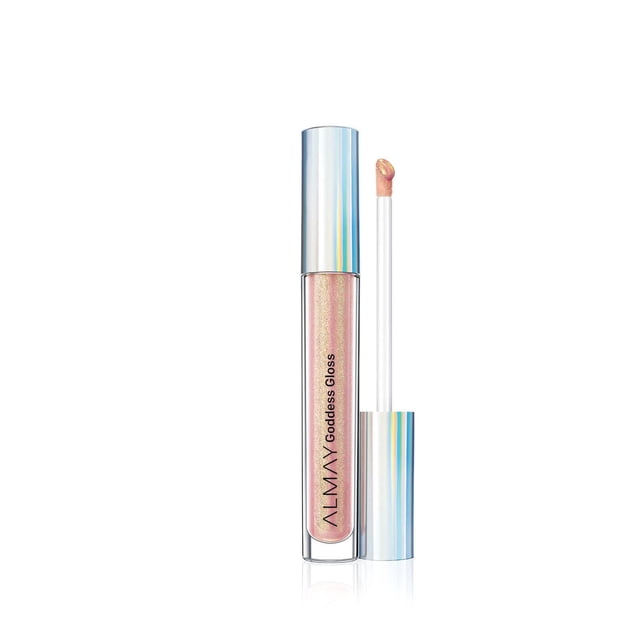 Almay Goddess Gloss lip gloss in a clear tube with a holographic silver cap and flocked applicator wand, featuring a sheer, iridescent pink shade that delivers a high shine finish and even color application, suitable for layering or wearing alone.