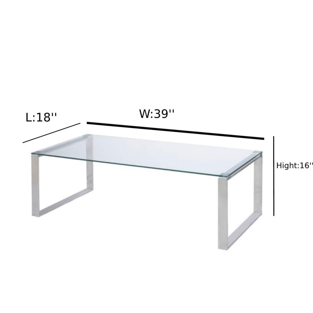 Table basse Gen, pieds luge en acier inoxydable poli brillant et plateau en verre trempé.<br>Dimensions : Grand : 16" H x 39" L x 18" P