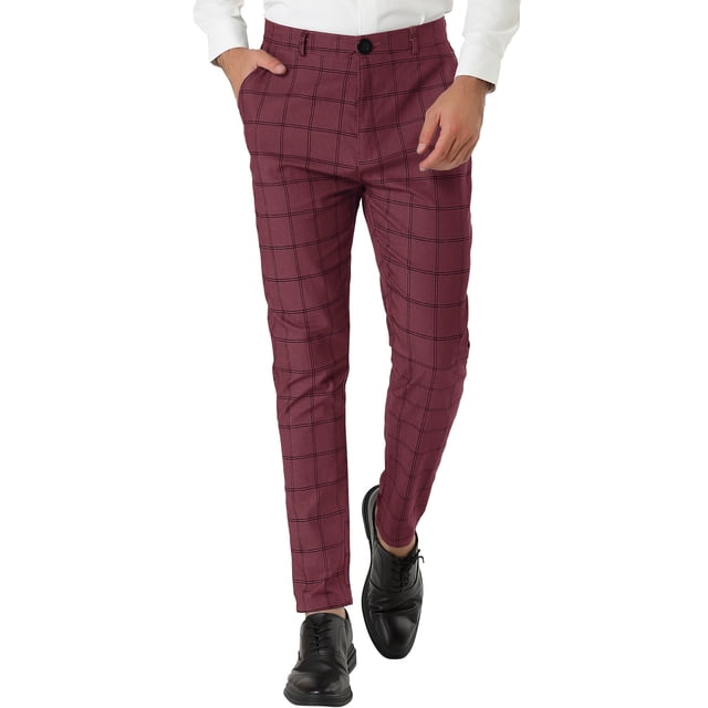 INSPIRE CHIC Men's Plaid Slim Fit Flat Front Dress Pants with Pockets 38 Burgundy