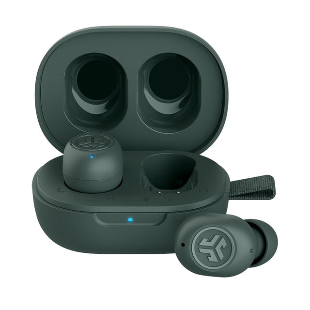 JLab JBuds Mini True Wireless Earbuds in sage green, featuring a compact design with a charging case and fabric loop. The earbuds include Bluetooth multipoint connectivity, IP55 waterproof rating, Be Aware mode for ambient sound awareness, noise-cancelling microphones for clear calls, and customizable sound via the JLab app.