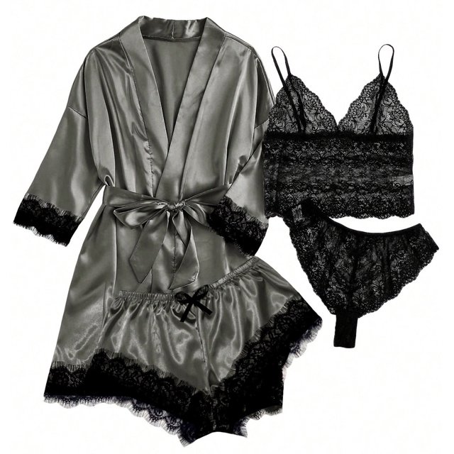 LSLJS 4PC Women Sexy Garter Lingerie Set Robes Lace Bodysuit Deep-V Neck Underwear