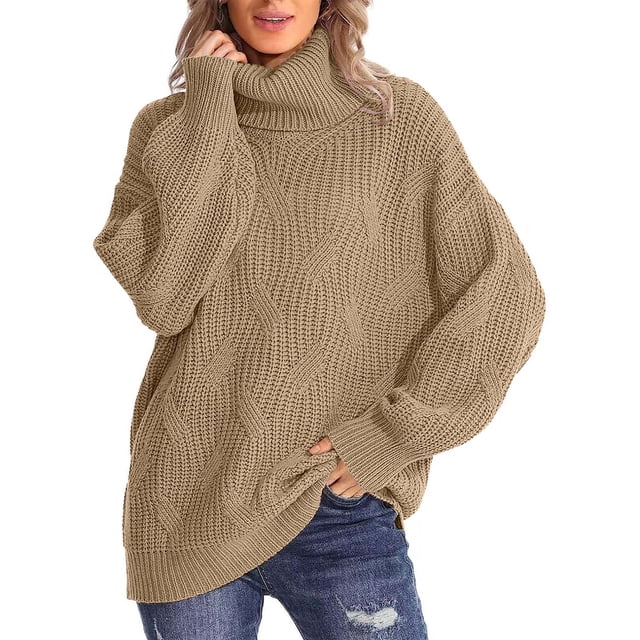Qertyioot Chandails Surdimensionnés pour Femmes Col Roulé Mode Manches Longues Chandail Décontracté