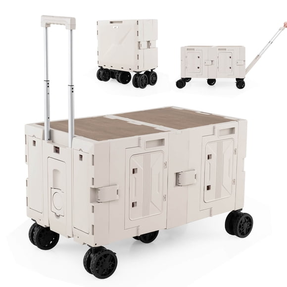 Costway Grand Chariot Utilitaire Pliable avec Caisses de Rangement à 2 Niveaux 5 Roues Pivotantes Métal Blanc