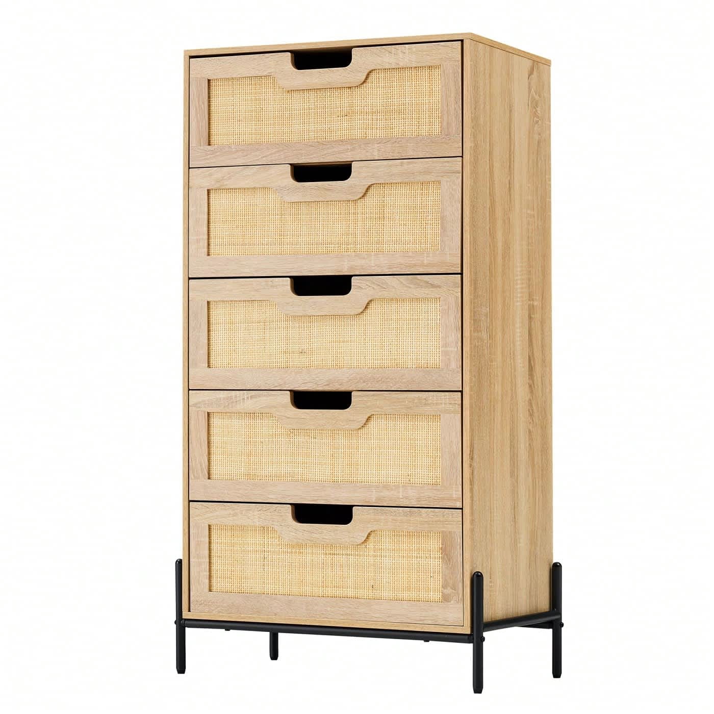 Ourlova Modern Rattan 5 Drawers Dresser, Double Dresser For Bedroom, Chest Of Drawers Closet Organizers And Storage Clothes For Bedroom Living Room Hallway Office