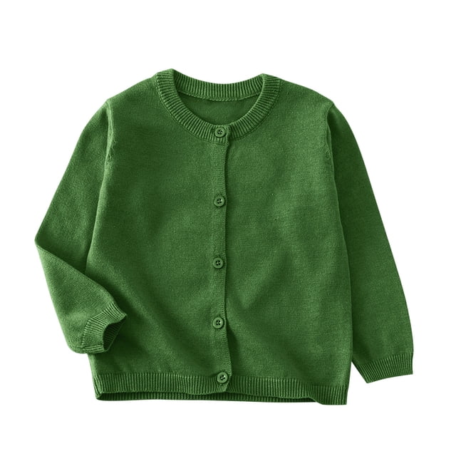 SROBPTY Girls Fall Cardigans, Children's Solid Color Long Sleeve Fleece Knitted Cardigan Round Neck Sweater Green 7-8 Years