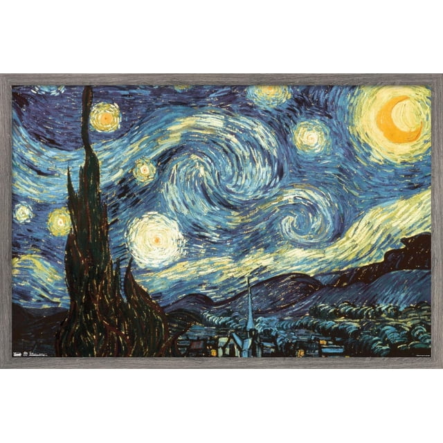 La Nuit Étoilée par Vincent van Gogh Affiche Murale, 22,375 Pouces x 34 Pouces, Représente une Vue Centrée du Ciel Nocturne Tourbillonnant Bleu et Jaune avec des Étoiles Brillantes et un Croissant de Lune au-Dessus d'Un village Sombre et de Hauts Cyprès, Imprimée sur Papier Lustré pour Rehausser les Couleurs, Idéale pour la Décoration Murale de la Maison Ou du Bureau.