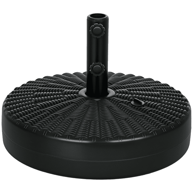Outsunny 64lbs Patio Umbrella Base Stand in black with a rattan-like textured design. Made of HDPE and powder-coated steel, it features two tightening knobs for securing umbrella poles and a built-in handle for portability. Suitable for umbrellas with a maximum diameter of 8.9 ft and pole sizes of 1.5 or 1.9 inches. Can be filled with water or sand for stability, weighing up to 64 lbs when filled with sand. Ideal for garden, patio, or poolside use.