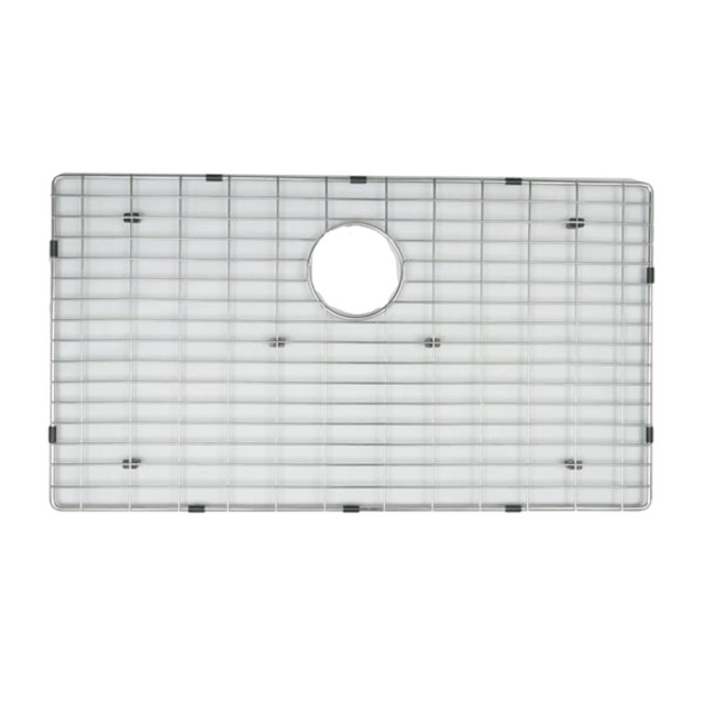 American Imaginations 31-in. W Kitchen Sink Grid AI-34707, a rectangular stainless steel grid with chrome finish and central circular drain cutout, designed for drop-in installation with black protective bumpers to prevent sink scratches, suitable for kitchen sink organization and protection.