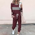 thumbnail image 2 of Posijego Ensemble Femme 2 Pcs Tenue Rayée Décontractée Manches Longues Col Ras du Cou Hauts Pantalons à Cordon Ensembles Détente P-5TG, 2 of 5