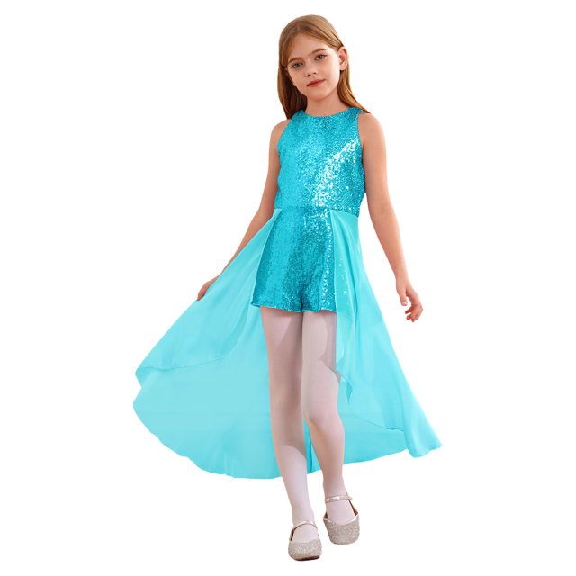 renvena Combinaison-Robe Maxi à Paillettes pour Filles, Robe en Mousseline Sans Manches pour Enfants, Concours, Mariage, Fête, Demoiselle d'Honneur, Bleu Pâle 12