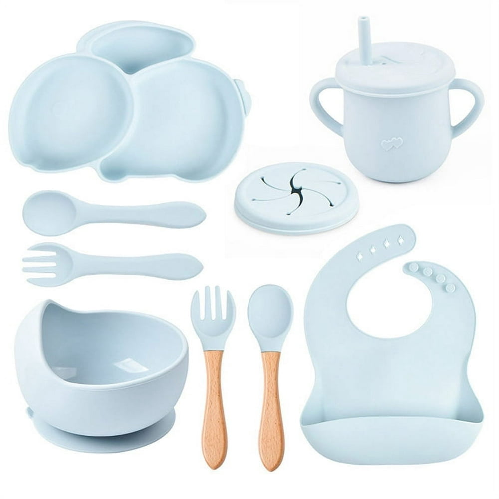 AMERTEER 9Pcs Children‘S Silicone Tableware Set Baby Non-Slip Divided Children‘S Plate Bowl With Suction Cup