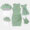 thumbnail image 1 of PatPat Family Matching Button Half Placket Ruched Tank Dresses and Colorblock Polo Neck T-shirts Sets, 1 of 5