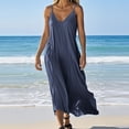 thumbnail image 2 of VEKDONE Robe d'Été Sans Manches en Coton et Lin Uni à Col en V pour Femme Jupe Bleu Marine TG, 2 of 6