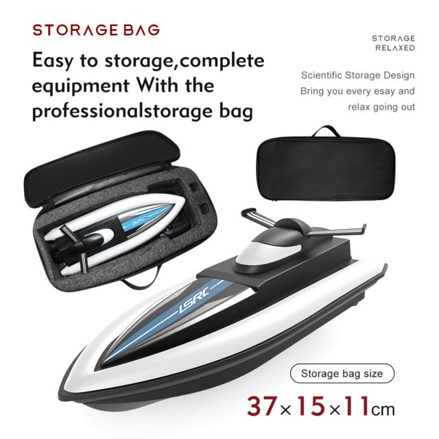 Bateau de Course Électrique RC Étanche 2,4 g pour Enfants, Bateau Télécommandé Speedboat avec 4 Canaux, Présenté dans un design Aérodynamique Épuré Ressemblant à un Vrai yacht. le Bateau Est Noir et Blanc avec accents Bleus, en Matériau ABS, et Mesure 32x11x10 cm. Il Comprend un Sac de Rangement pour une Portabilité Facile, une Manette, des options de Pile rechargeable, un Chargeur et un Manuel d'Instructions. le Bateau Présente des Moteurs Doubles pour une Puissance Élevée, Atteignant des Vitesses de 15-20 Km/h avec une Autonomie de