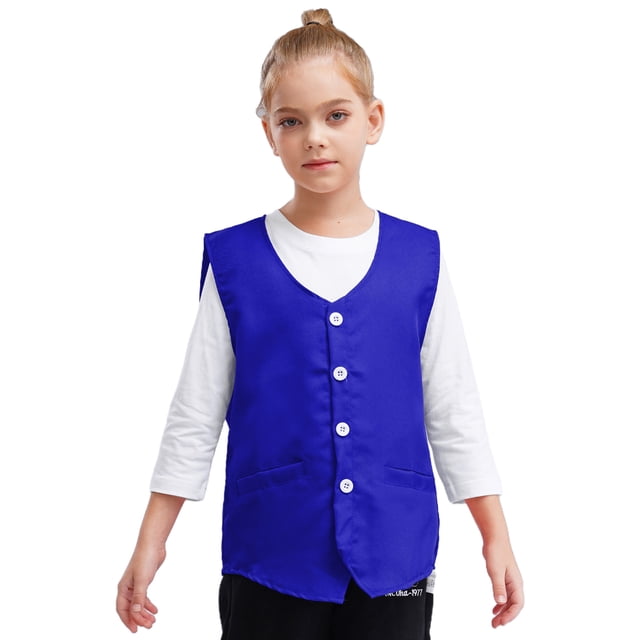 renvena Kids Button Volunteer Activity Vest Button Up Irregular Hem Waistcoat Sleeveless Waiter Blue M/11