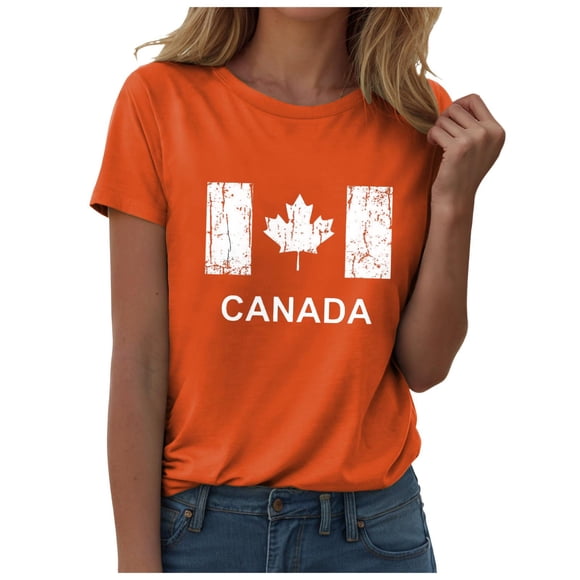 Yammkia Cotton Shirts for Women Canada Day Shirt Women Canada Flag Patriotic Tshirt Canadian Maple Leaf Graphic Short Sleeve Tee Tops(Orange,S)