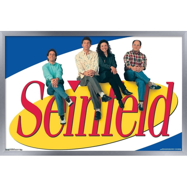 Seinfeld - Affiche Murale Logo, 22,375 Po x 34 Po Présentant Quatre Figurines Assises Disposées sur un Grand Ovale Jaune avec Texte Audacieux « Seinfeld » Rouge sur Fond Blanc et Bleu, Imprimée sur Papier Lustré, Convient pour Décorer des Chambres, des Bureaux Ou des Résidences Étudiantes.