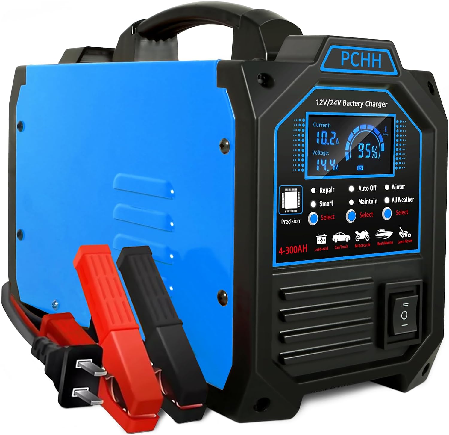 PCHH Chargeur de Batterie de Voiture 12V/24V – 15A Mainteneur Automatique Intelligent avec Mode Réparation, Charge Rapide, Mode Hiver & Protection de Sécurité - Bleu