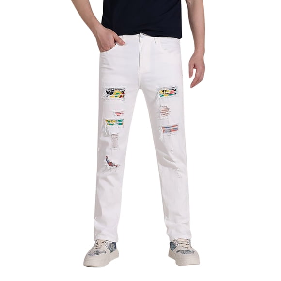 QHFBli Skinny Jeans for Men Men's Ripped Stretch Slim Fit Straight Leg Jeans Casual Denim Pants for Everyday Wear Comfortable Durable White 31