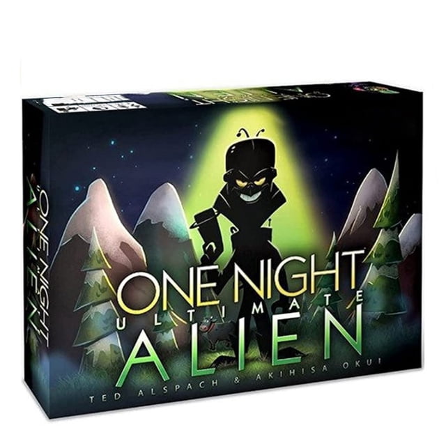 NAOJIE One Night Ultimate Alien party game box featuring a dark, extraterrestrial-themed design with a glowing alien figure in the center, surrounded by mountains and a starry night sky. This fast-paced board game is designed for 4-10 players and includes hidden roles, bluffing, and strategy elements. Ideal for kids and adults, it offers a thrilling experience of uncovering alien intruders in a village setting.