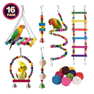 Ensemble de 16 Paquets de Jouets pour Perroquets Variété de Jouets pour Accessoires de Cage à Oiseaux et Jouets d'Oiseaux Durables pour Cockatiels Perruches et Plus Attirent l'Attention des Oiseaux avec des Jouets en Bois Colorés Faciles à Insérer