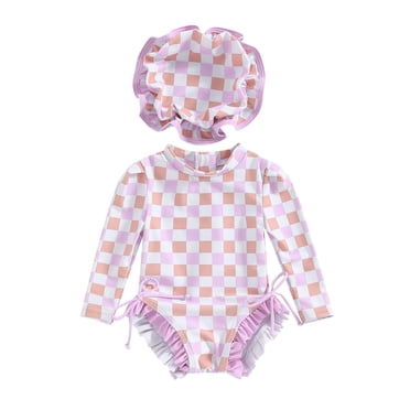 Gupgi Baby Girl Floral Rash Guard with Sun Hat, 3 6 12 18 24 Months One Piece Swimsuit Long Sleeve Zipper Ruffle Swimwear Summer Bathing Suits