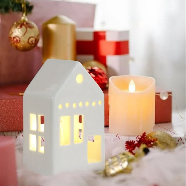chock Ceramic Christmas Village Christmas Village Accessories White Winter Village LED Light Porcelain Tabletop Christmas Figurine with Artificial Christmas Tree