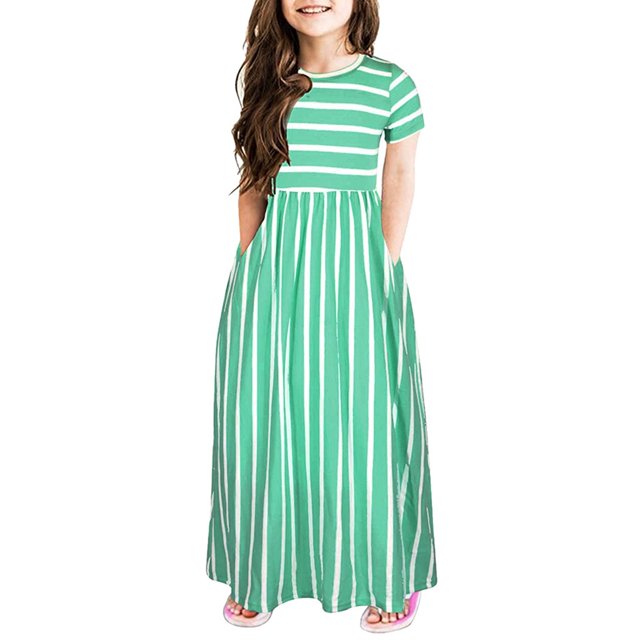 B91xZ Robe pour Tout-Petites Filles à Manches Volantées, Extensible, Ligne A, Évasée, Robe de Fête, Vert 6-7 Ans
