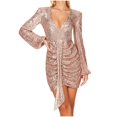 thumbnail image 1 of Pisexur Robes pour Femmes à Manches Longues à Col en V Profond Robe de Cocktail Mode à Paillettes Robes de Retour à la Maison Tunique Formelle Robe de Bal de Fin d'Année Robe de Soirée Robe de Fête Fluide Plissée Robe Midi, 1 of 6