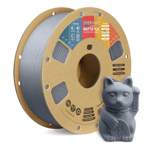 OVERTURE PLA Matte 3D Printer Filament 1.75mm Matte PLA 1kg Cardboard Spool (2.2lbs) Dimensional Accuracy +/- 0.02 mm (Matte Light Gray)