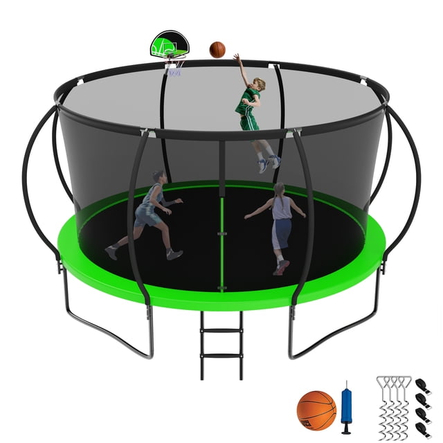 Jump Into Fun Trampoline 12FT, 1200LBS Trampoline for Adults Kids, Trampoline with Enclosure, Basketball Hoop, Wind Stakes & Ladder, Recreational Outdoor Heavy Duty Trampoline