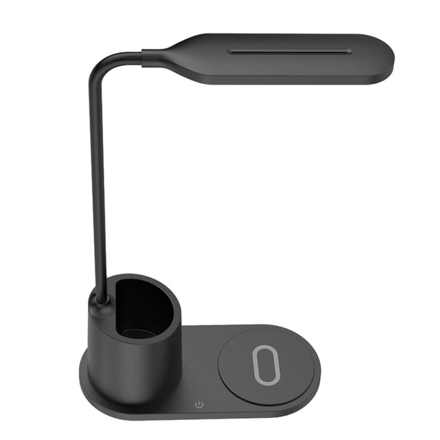 TopLLC LED Smart Desk Lamp in black, featuring a 15W wireless charging pad, integrated pen holder, and eye-protection technology. The lamp has a sleek, modern design with a flexible arm and a compact base, suitable for offices, bedrooms, dorms, and study rooms. Made from ABS composite material, it measures 18.5x8.5x31cm and includes a USB Type-C power supply. Ideal for students and professionals seeking efficient lighting and organization.