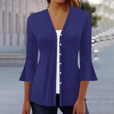 LOVZFMLL Cardigan pour Femmes Mode Col Décontracté Manches 3/4 Chemisiers Amples pour Dames Cardigan