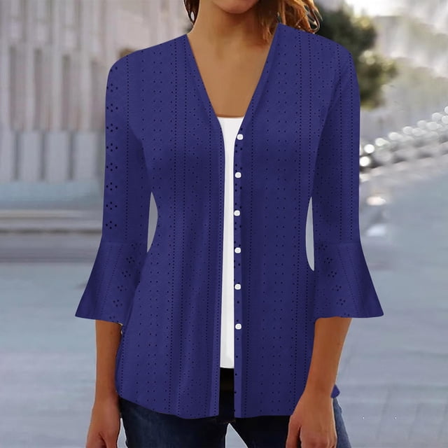 VKOYWKM 3/4 Length Sleeve Womens Tops Trendy Eyelet Embroidery Tees Button Down V Neck Pullover Tops Solid Color Ruffle Bell Sleeve Tunic Blouses