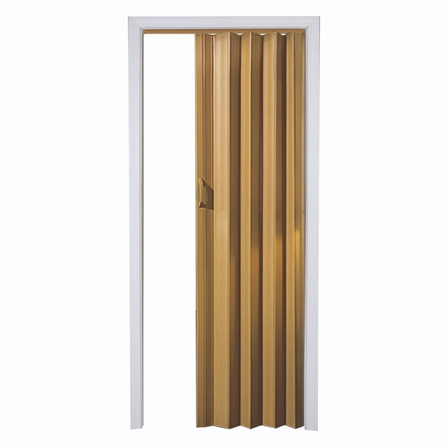 Style Porte Accordéon Pliante Maison en Chêne via 36 Pouces avec Panneaux en Vinyle Chêne Naturel et Charnières Flexibles, Partiellement Pliée dans un Cadre Blanc, Convient aux Ouvertures Intérieures de 24 à 36 Pouces de Large, Comprend une Rail et la Quincaillerie, Convient pour Gagner de l'Espace dans les Espaces Compacts.
