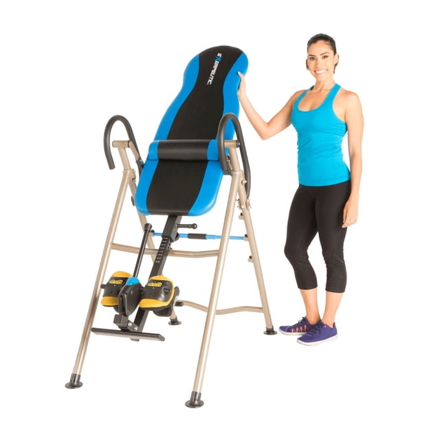 EXERPEUTIC 225SL Inversion Table with SURELOCK Safety Ratchet System, lumbar support, and AIRSOFT cushioned ankle holders in black and blue. The heavy-duty steel frame features a padded backrest and adjustable ankle holders designed for comfort and secure inversion therapy, suitable for fitness recovery and spinal decompression.