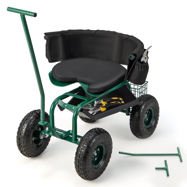 Costway Chariot de Jardin Roulant pour l'Extérieur, Siège de Travail de Jardinage avec Hauteur Réglable et Rangement pour Outils. le Cadre en Métal Vert Enduit de Poudre Assure la Durabilité et la Résistance à la Rouille. Comprend un Siège et un Dossier Rembourrés, une Hauteur Réglable (16,5 Pouces-20,5 Pouces) et un Siège Pivotant à 360° pour le Confort Lors des Tâches de Jardinage. Équipé de Quatre Grandes Roues en Caoutchouc pour un Mouvement Fluide sur terrain Irrégulier, Deux Poignées de Direction pour un Tirage Facile, et Plusieurs options de Rangement, Incluant un Panier, un Plateau et des Poches pour Outils. Dimensions