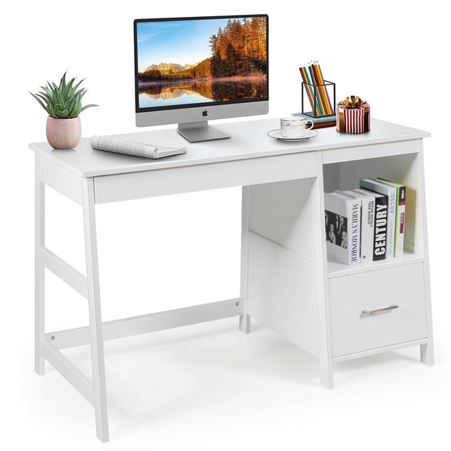 Giantex Wooden Computer Desk in white, featuring a wide 47.5-inch by 20-inch desktop, two drawers, and a large open shelf for ample storage. The desk has a ladder-shaped design for stability and is made of engineered wood with a lacquered surface for durability. Ideal for home offices, studies, or bedrooms, it combines modern style with functionality.