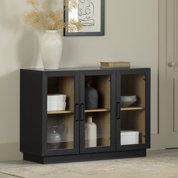 South Shore Arum Contemporary Sideboard with 3 Doors and 6 Shelves, in Black Oak and Natural Ash