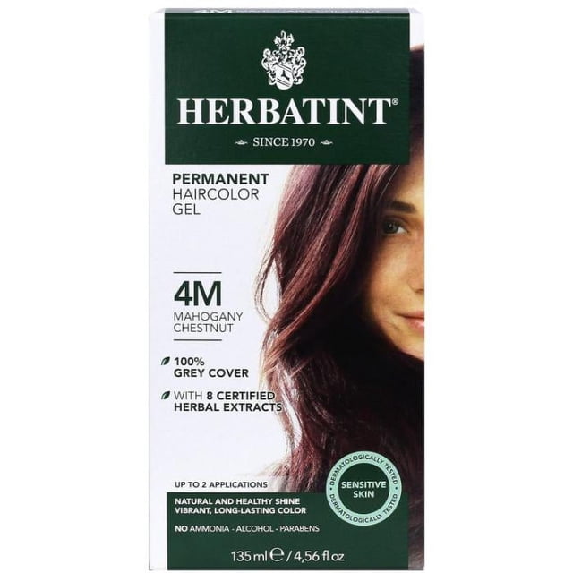 Herbatint Permanent Hair Color in 4M Mahogany Chestnut, 135ml. The packaging highlights its ability to cover grey hair, its odourless and gentle formula, and its long-lasting results. It is free from ammonia, resorcinol, parabens, alcohol, fragrance, and gluten. The product is vegan, cruelty-free, and certified by B Corporation. Suitable for sensitive skin, it offers up to two applications per package.