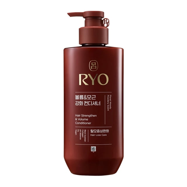 RYO Hair Strengthen & Volume Conditioner 480ml in a sleek, deep red pump bottle with gold accents and Korean text. Designed to enhance hair volume and strength, it features premium ingredients like anti-aging ginseng, MFDS-certified caffeine, and hydrolyzed rice extract. Suitable for hair loss care and finished with an elegant woody fragrance.