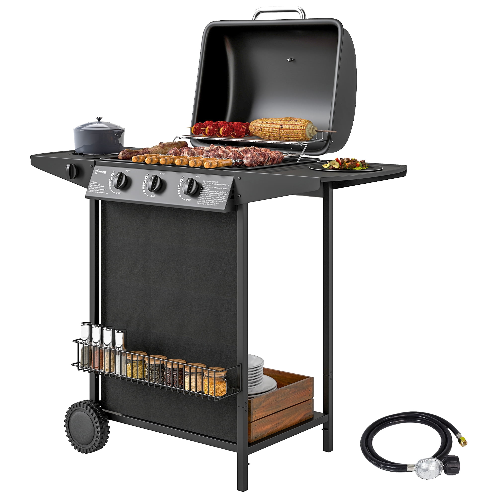 CoSoTower 3+1 Burner Propane Gas BBQ Grill, Portable Gas Barbecue Grill with Side Burner, Thermometer, Lid, Side Table, Shelf, Spice Rack, Wheels, Grease Cup for Garden, Black