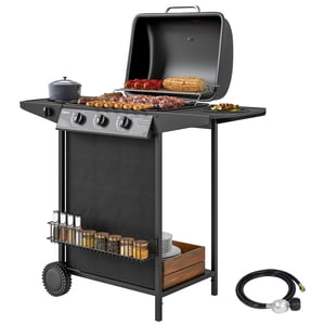 CoSoTower 3+1 Gaz propane de combustion BBQ Grill, Portable gaz Barbecue Grill avec brûleur latéral, Thermomètre, Couvercle, Table latérale, Étagère, Spice Rack, Roues, Coupe de graisse pour jardin, Noir