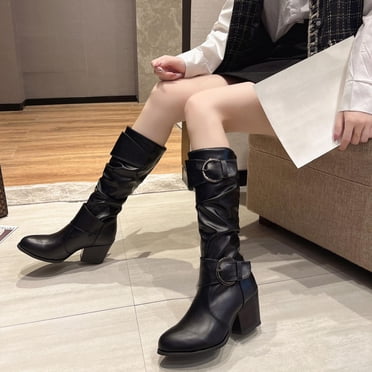 Pisexur Chaussures pour Femmes Bottes Hautes en Cuir Talons Épais Talons Hauts Boucles de Ceinture Bottes pour Femmes Bottes de Cavalier à la Mode