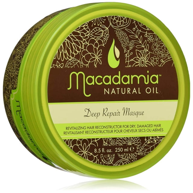 Macadamia Oil Deep Repair Mask in a round green container with brown floral label, designed as a revitalizing hair reconstructor for dry, damaged hair, 8.5 fl oz (250 ml). It provides deep conditioning and moisturizing benefits, ideal for travel size hair care.